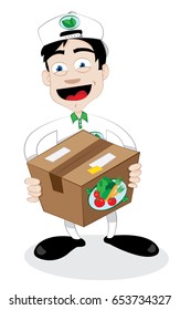 a vector cartoon representing a friendly and smiling courier, delivering a fresh healthy vegetables carton - online order and fast shipping concept