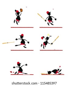 a vector cartoon representing a funny baseball player in different poses