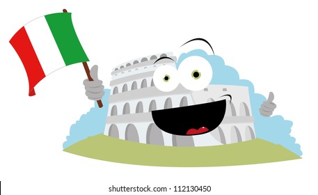 a vector cartoon representing a funny Colosseum holding an Italian flag and smiling