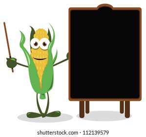 a vector cartoon representing a funny corn, near a blank blackboard