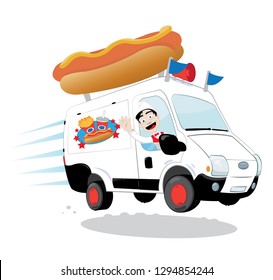 a vector cartoon representing a funny and decorated hot-dog van, with a hot dog and french fries logo, driven by a cheerful man