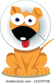 a vector cartoon representing a funny dog wearing an elizabethan collar