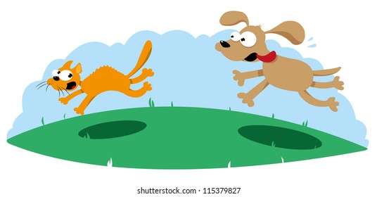 a vector cartoon representing a funny dog hunting a cat