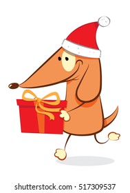 a vector cartoon representing a funny dog wearing a Santa hat and carrying a present in a red box