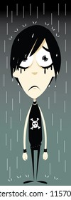 a vector cartoon representing a funny emo boy, sadly standing in the rain - every object is singly grouped, you can easily remove water drops or skull if needed