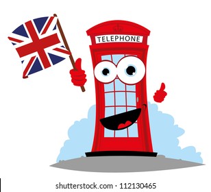 a vector cartoon representing a funny English Telephone, holding an English flag