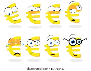 a vector cartoon representing a funny euro symbol in different poses