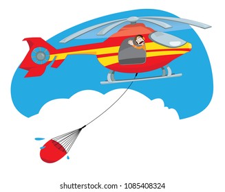 a vector cartoon representing a funny and friendly helicopter pilot, flying and carrying a bucket full of water to extinguish a fire