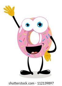 a vector cartoon representing a funny, friendly donut - every object is singly grouped, legs and arms are on different layers so you can easily remove them if needed.