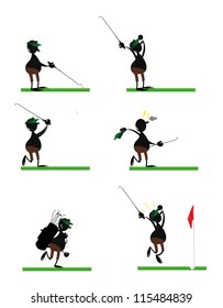 a vector cartoon representing a funny golf player in different poses