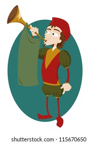 a vector cartoon representing a funny herald playing a trumpet