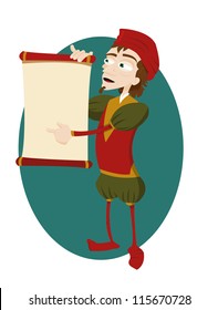 a vector cartoon representing a funny herald showing a scroll with copy space