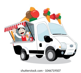 a vector cartoon representing a funny ice-cream van parked and open, a friendly and smiling ice-cream man is serving a big flavoured cone