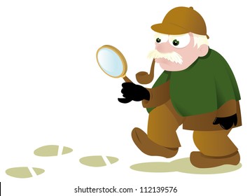 a vector cartoon representing a funny investigator following some tracks