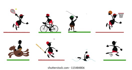 a vector cartoon representing a funny man practicing different sports