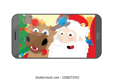 a vector cartoon representing a funny and modern Santa Claus and a funny reindeer taking theirself a selfie and posing in their workshop, in the middle of presents