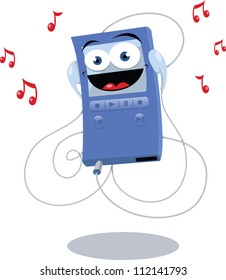 a vector cartoon representing a funny mp3 player playing music