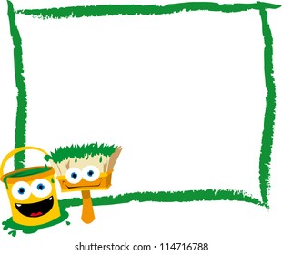 a vector cartoon representing a funny paint bucket and a brush