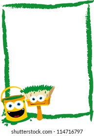a vector cartoon representing a funny paint bucket and a brush horizontal frame