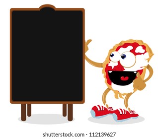 a vector cartoon representing a funny pizza and a blank blackboard,useful for menus