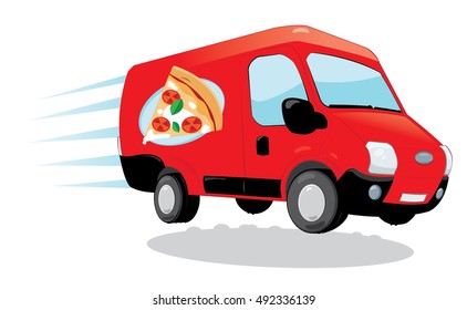 a vector cartoon representing a funny pizza delivery van