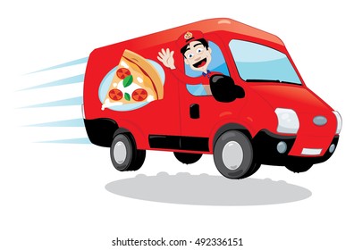 A Vector Cartoon Representing A Funny Pizza Delivery Van Driven By A Friendly Man Cheering