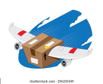 a vector cartoon representing a funny plane-winged package landing, fast and express delivery concept.