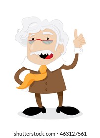 a vector cartoon representing a funny professor in a brown suit, talking and teaching us something important
