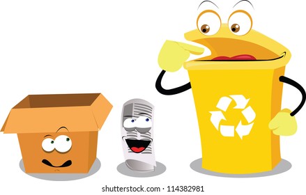 a vector cartoon representing a funny recycling bin