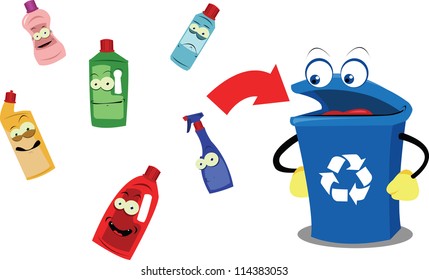 A vector cartoon representing a funny recycling bin and some plastic containers, every object is singly grouped