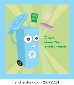 a vector cartoon representing a funny recycling bin