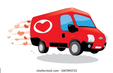 a vector cartoon representing a funny red van of love, with heart shape logo on it. Image useful for Saint Valentine or wedding greeting cards. Love concept.