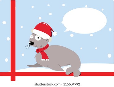 a vector cartoon representing a funny seal wearing a Christmas hat and a blank balloon with copy space