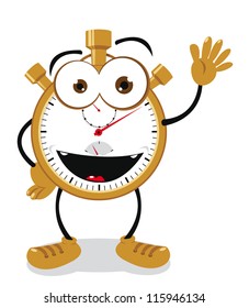 a vector cartoon representing a funny stop watch - eyes, mouth, legs and arms are on different layers, so you can easily remove them if you want.