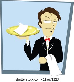 a vector cartoon representing a funny waiter holding a golden tray with a check on it