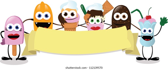 a vector cartoon representing a group of funny ice creams with a blank banner