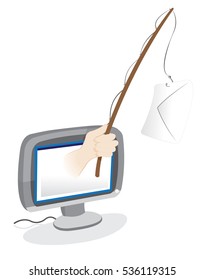 a vector cartoon representing a human hand popping out from a pc monitor and keeping a wooden phishing rod with a closed letter hanging as a bait. Spam and phishing concept