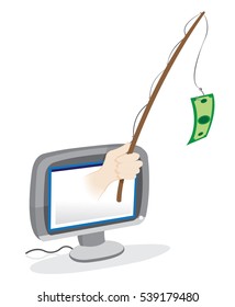 a vector cartoon representing a human hand popping out from a pc monitor and keeping a wooden phishing rod with a green banknote hanging as a bait. Spam and phishing concept