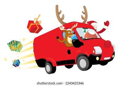 a vector cartoon representing a modern Christmas Reindeer and a funny Santa Claus, driving a speedy red van with antlers and a big red nose, delivering presents and flying in the sky