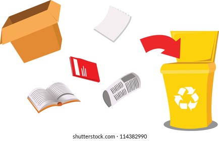 a vector cartoon representing a recycling bin and some paper objects