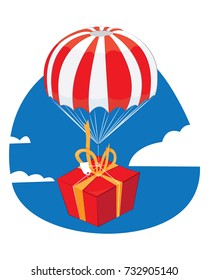 a vector cartoon representing a red present with a yellow ribbon landing from the sky with a funny red and white parachute - present delivery concept