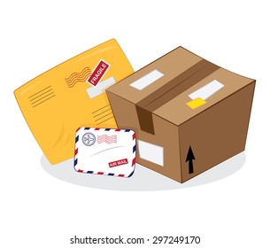 A Vector Cartoon Representing A Set Of Postal Products: A Brown Carton Package, A Yellow Sending Envelope, An Airmail Letter