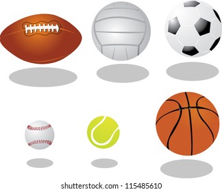 a vector cartoon representing six different kind of balls, every object is singly grouped