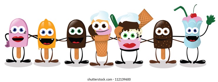 a vector cartoon representing some funny ice creams in a collective hug