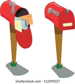 a vector cartoon representing two mailboxes: the first opened with mail, the second one closed and empty