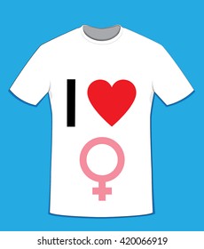 a vector cartoon representing a white cotton t-shirt for women on a red background, "I love" text on front side and the female gender symbol
