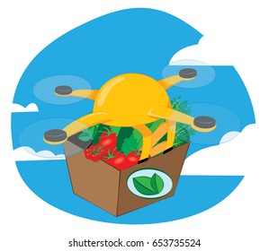 a vector cartoon representing a yellow shipping drone flying and delivering a fresh vegetables carton - online commerce and fast delivery concept