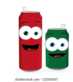 a vector cartoon represeting two funny beer or soda cans looking at camera and smiling