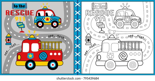 Vector cartoon of rescue vehicles in road, traffic elements illustration, coloring page or book