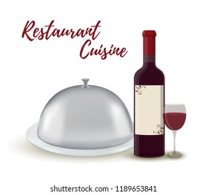 Vector cartoon restaurant set - wine bottle with silver cloche. Transparent glass with label and wineglass - haute cuisine. Alcohol drink with gray tray isolated on white background.